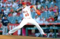 July 10, 2018; Anaheim, CA, USA; Los Angeles Angels starting pitcher Garrett Richards (43) throws against the Seattle Mariners in the first inning at Angel Stadium of Anaheim. Mandatory Credit: Gary A. Vasquez-USA TODAY Sports