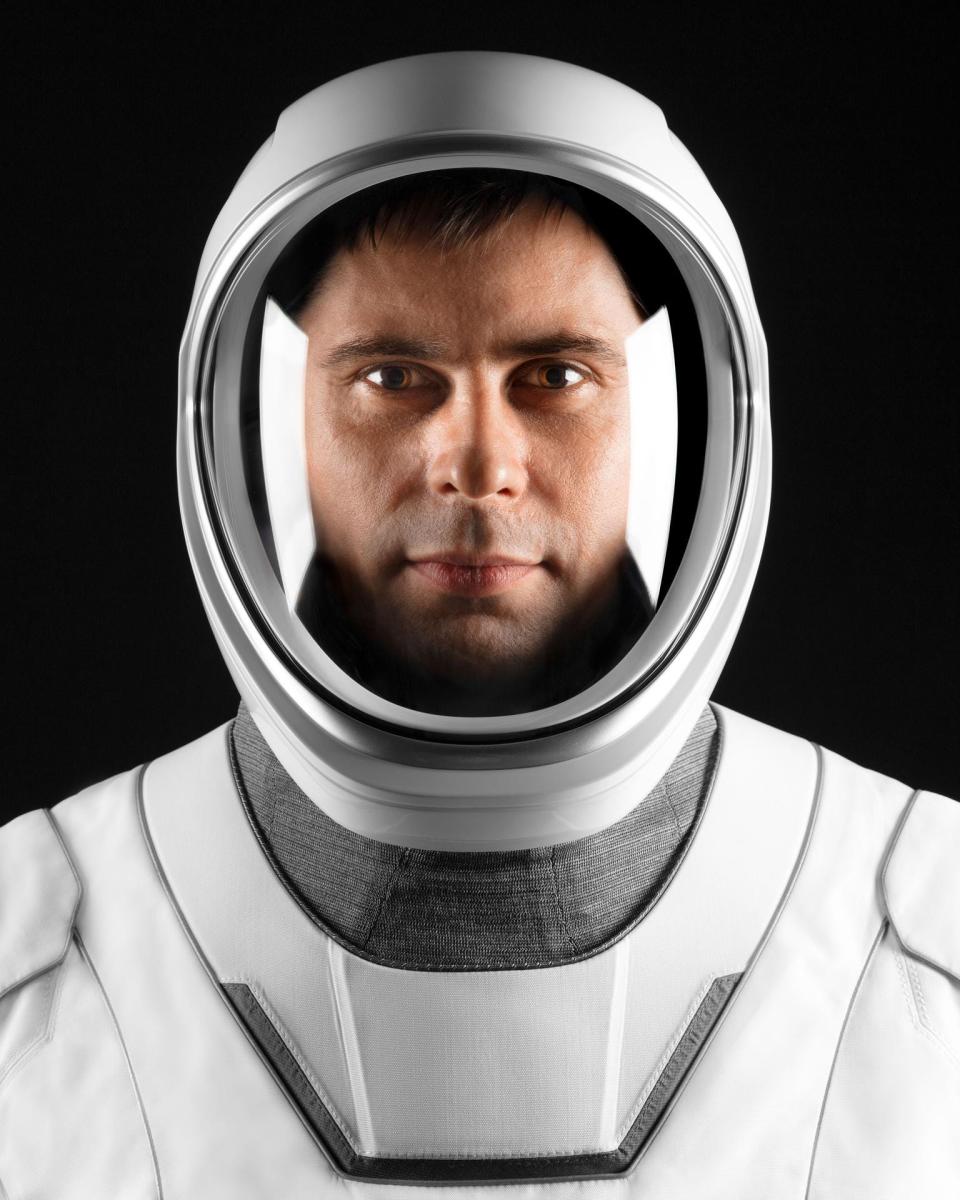 Russian cosmonaut Andrey Fedyaev of Roscosmos, SpaceX Crew-6 Mission Specialist, poses for a portrait in his pressure suit at SpaceX headquarters in Hawthorne, California.