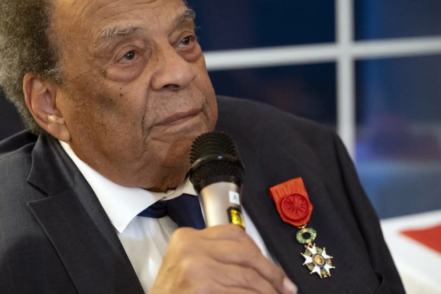 Ambassador Andrew Young gives remarks after receiving the French Legion of Honor medal in Atlanta on Thursday, Oct. 19, 2023. (Ben Gray/Atlanta Journal-Constitution via AP)