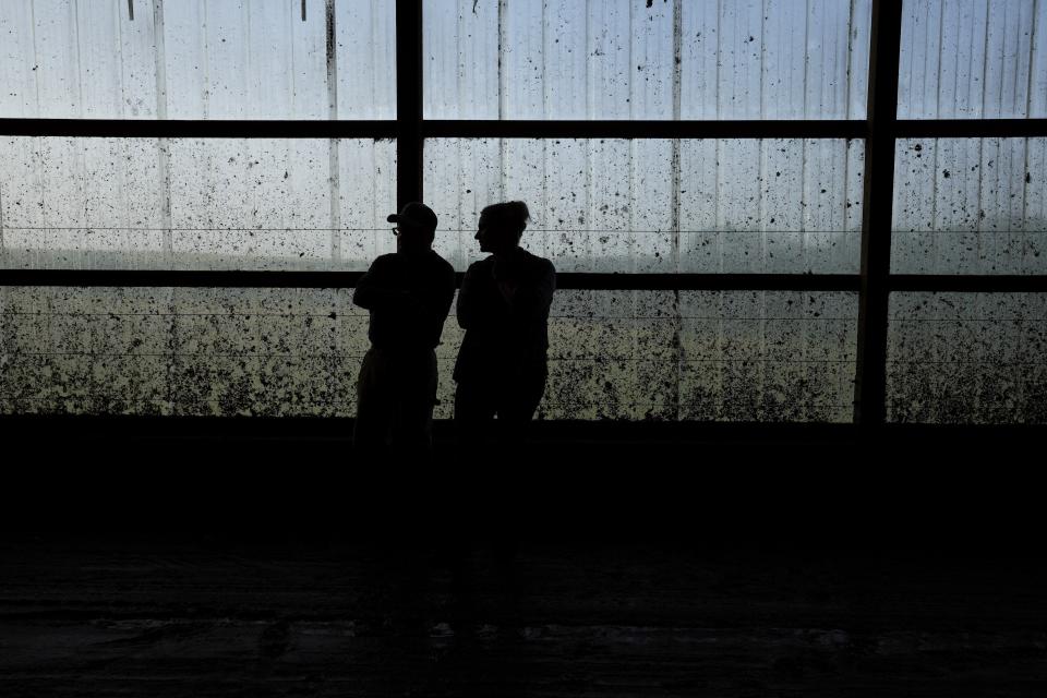 Dairy farmers Ted and Megan McAllister stand in the freestall barn on their farm, Monday, July 24, 2023, in New Vienna, Iowa. More intense summer heat resulting from emissions-driven climate change means animal heat stress that can result in billions of dollars in lost revenue for farmers and ranchers if not properly managed. The McAllister family installed new fans above the beds where their cows lie. (AP Photo/Charlie Neibergall)