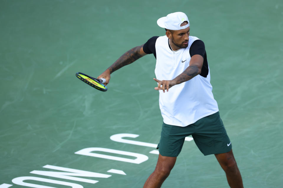 Nick Kyrgios, pictured here in action against Marcos Giron at the Citi Open in Washington.