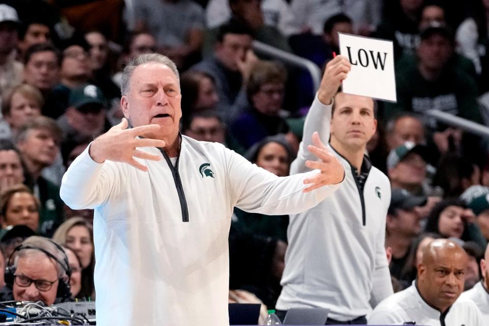 Michigan State head coach Tom Izzo, left, directs his team during the first half against Northwestern at Welsh-Ryan Arena in Evanston, Illinois, on Sunday, Jan. 7, 2024.