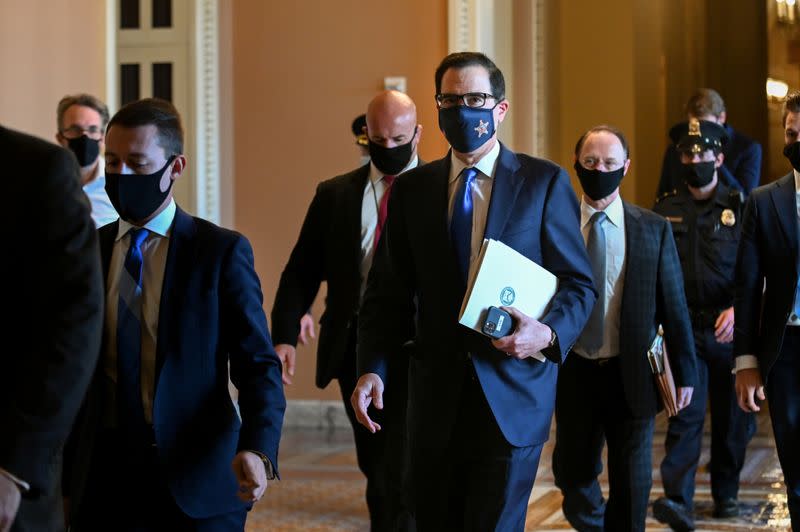 U.S. Treasury Secretary Mnuchin walks though the U.S. Capitol in Washington