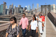 <p>People cross the Brooklyn Bridge on a beautiful day in New York City on Sept. 5, 2018. The only dangers now in photographing the site are tourists and fellow New Yorkers on bicycles. (Photo: Gordon Donovan/Yahoo News) </p>