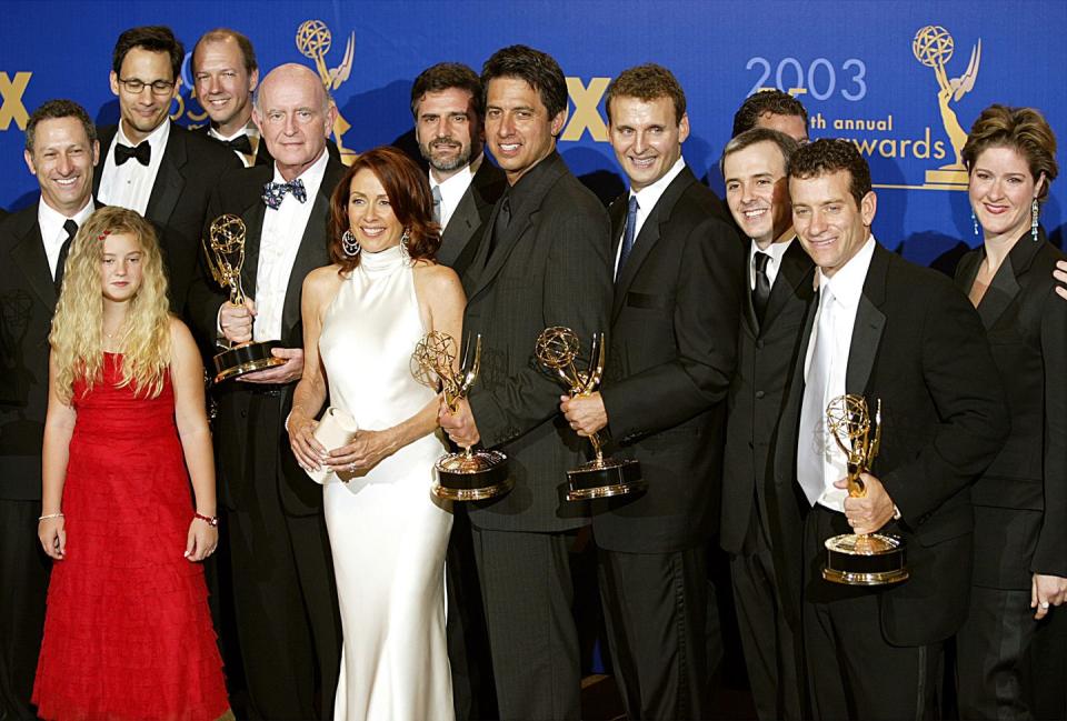 <p>The cast of <em>Everybody Loves Raymond </em>celebrates their win for Outstanding Comedy Series - an honor the series received twice. </p>