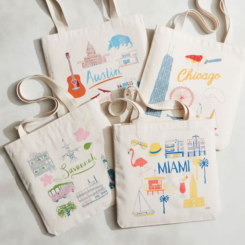 Claudia Pearson City Tote Bags featuring Savannah, Austin, Chicago, and Miami prints