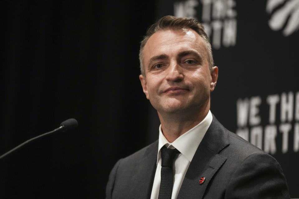 Toronto Raptors head coach Darko Rajakovic speaks to reporters during media day in Toronto on Monday, October 2, 2023. Chris Young/The Canadian Press via AP)