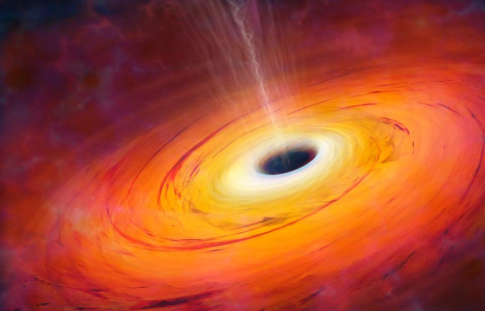 Illustration in red and orange of a black hole.