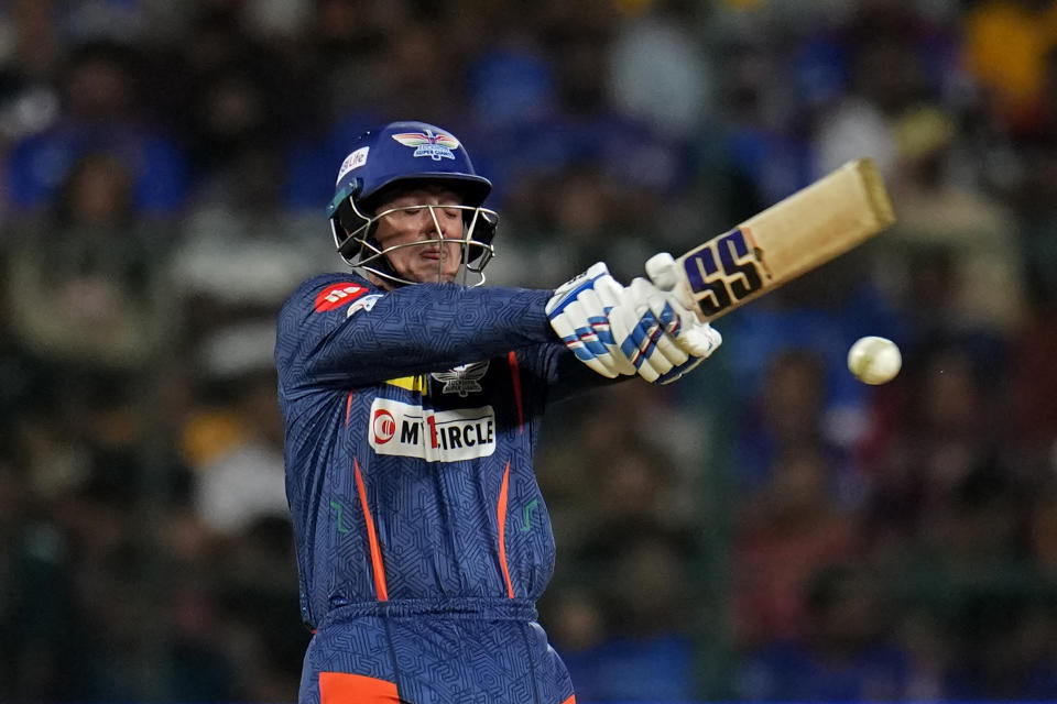 Lucknow Super Giants' Quinton de Kock plays a shot during the Indian Premier League cricket match between Royal Challengers Bengaluru and Lucknow Super Giants in Bengaluru, India, Tuesday, April 2, 2024. (AP Photo/Aijaz Rahi)