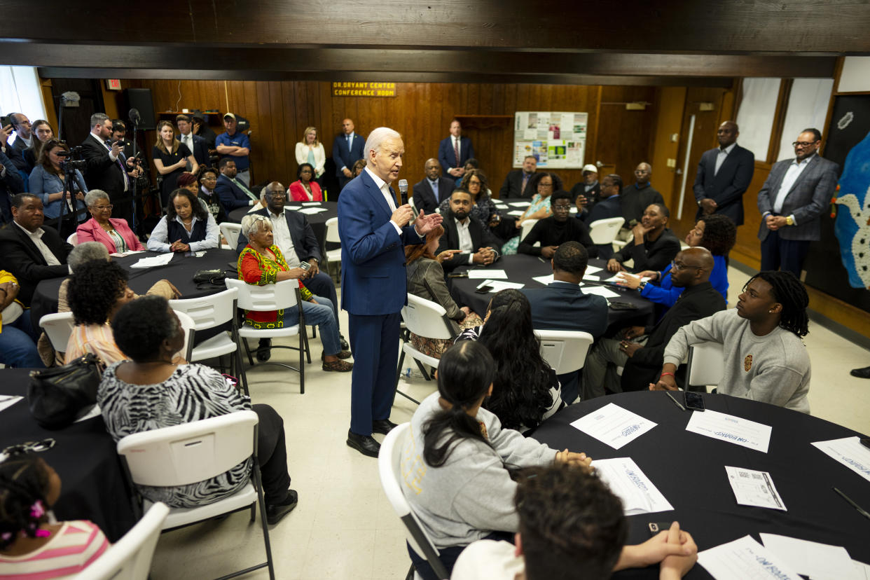 President Joe Biden speaks to voters after delivering remarks at a community center in Racine, Wis., May 7, 2024. (Doug Mills/The New York Times)