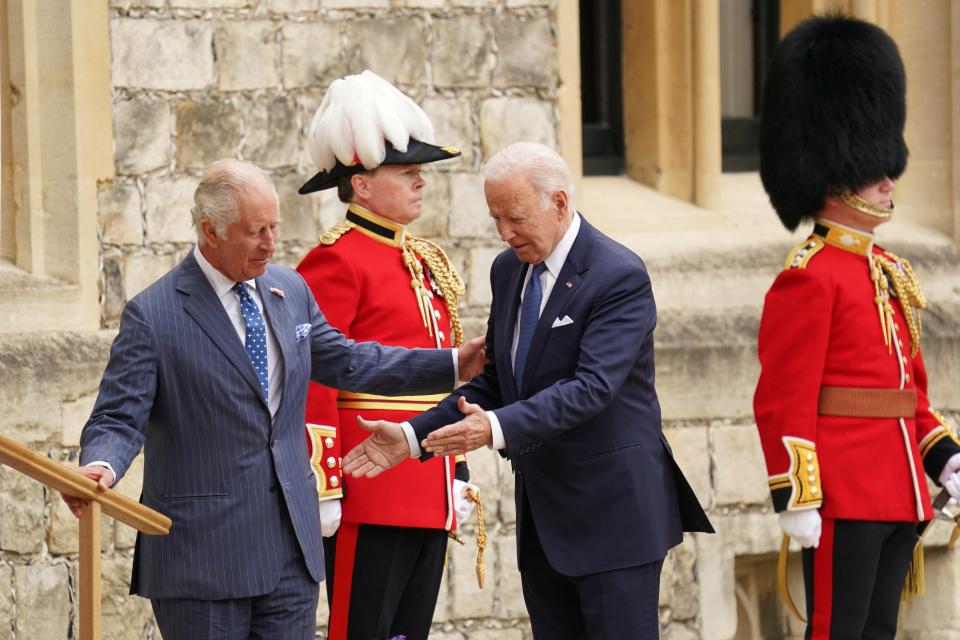 U.S. President Joe Biden is welcomed by Britain's King Charles at Windsor Castle (REUTERS)