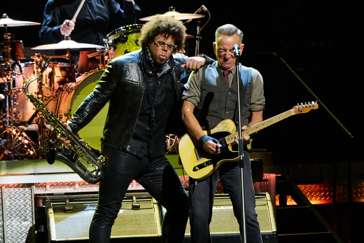 Jake Clemons and Bruce Springsteen at the Bruce Springsteen And The E Street Band concert held at the Kia Forum on April 4, 2024 in Los Angeles, California.