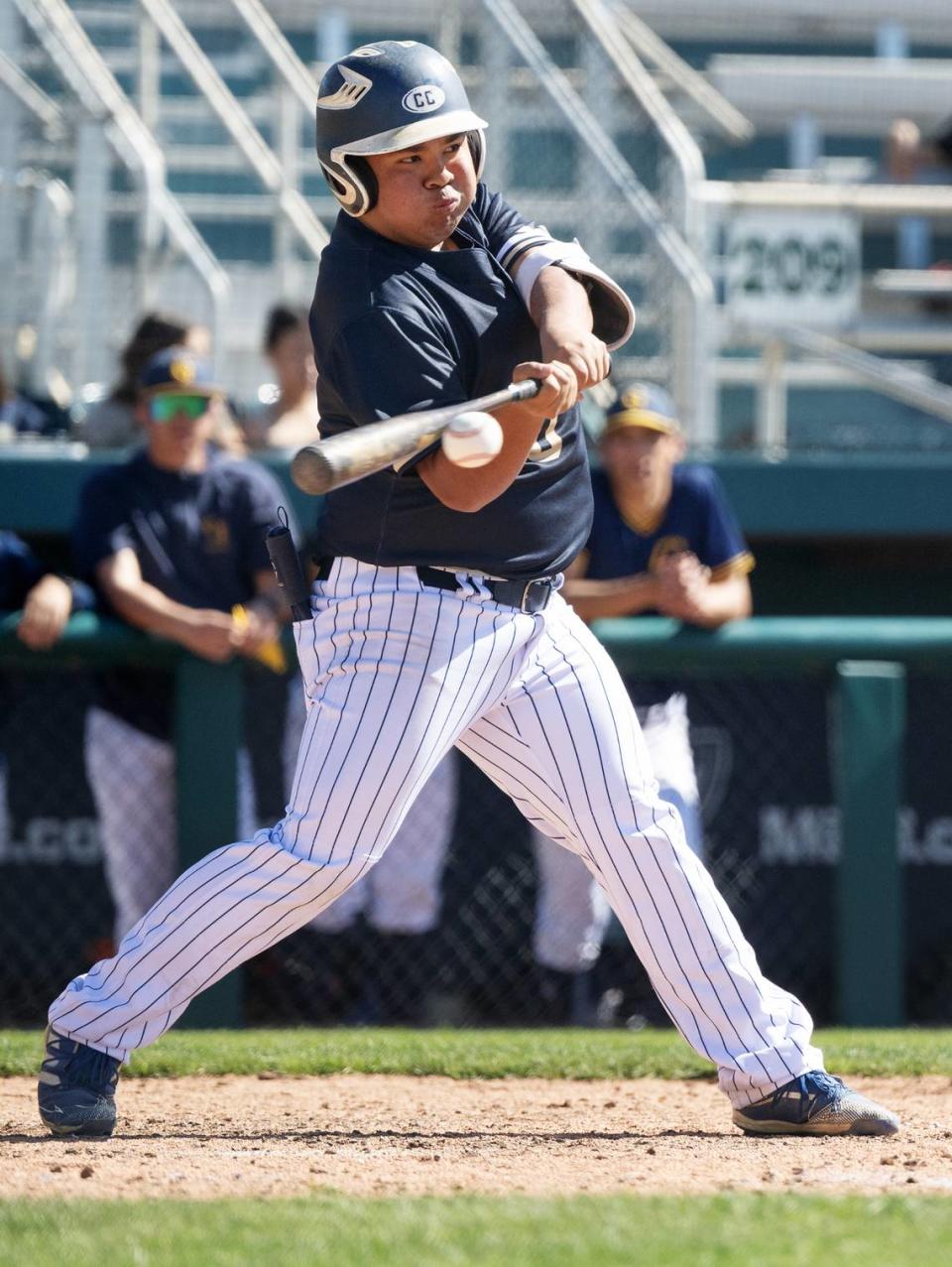 Central Catholic’s Xavier Diep gives his team a 2-1 lead with an RBI in the sixth inning of the game with Gregori during the Modesto Nuts High School Baseball Showcase at John Thurman Field in Modesto, Calif., Saturday, March 16, 2024.