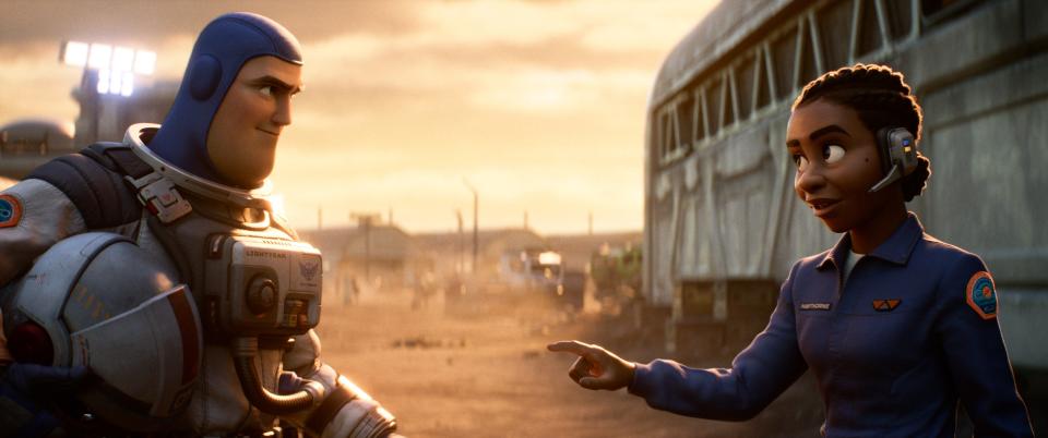 In Disney and Pixar’s “Lightyear,” Buzz Lightyear (voice of Chris Evans) and Alisha Hawthorne (voice of Uzo Aduba)—his long-time commander, fellow Space Ranger and trusted friend—are marooned on a hostile planet.