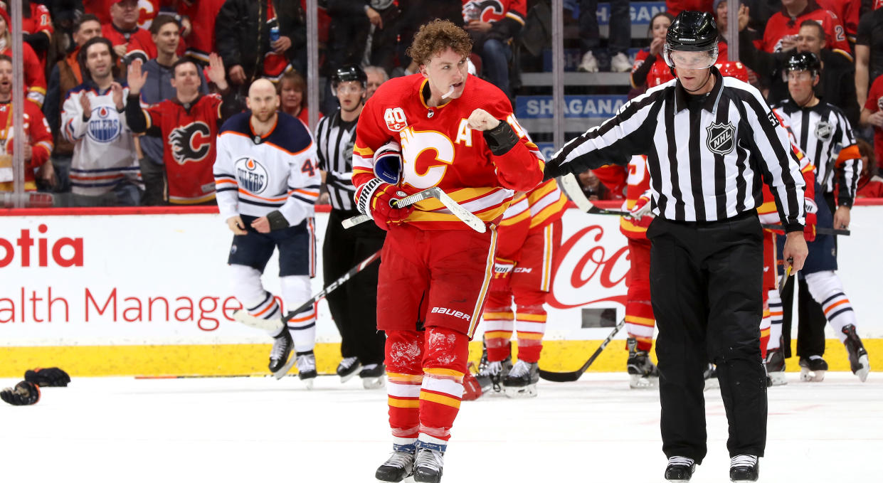 CALGARY, ALBERTA - JANUARY 11: Matthew Tkachuk #19 of the Calgary Flames skates away after a fight against Zack Kassian #44 of the Edmonton Oilers at Scotiabank Saddledome on January 11, 2020 in Calgary, Canada. (Photo by Gerry Thomas/NHLI via Getty Images)