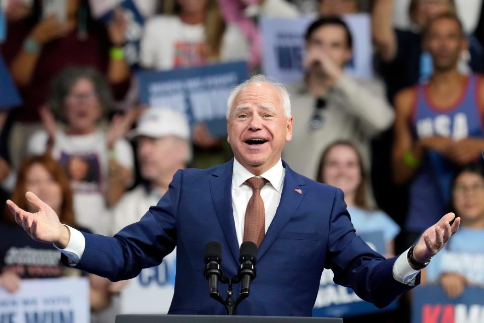 Democratic vice presidential nominee Minnesota Gov. Tim Walz speaks at a campaign rally at Desert Diamond Arena, Friday, Aug. 9, 2024, in Glendale, Arizona (AP)