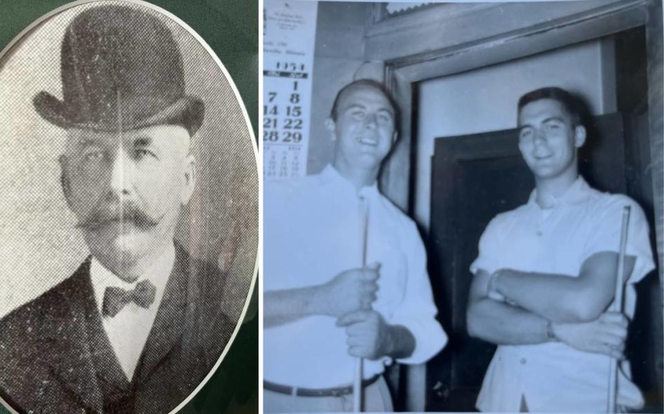 Christian Knebelkamp, left, was a German immigrant who built his home on Abend Street in Belleville in the 1870s. His great-grandson, Adolph “Junior” Knebelkamp, the man on the left in the photo at right, is shown playing pool at the nearby Corner Tavern.