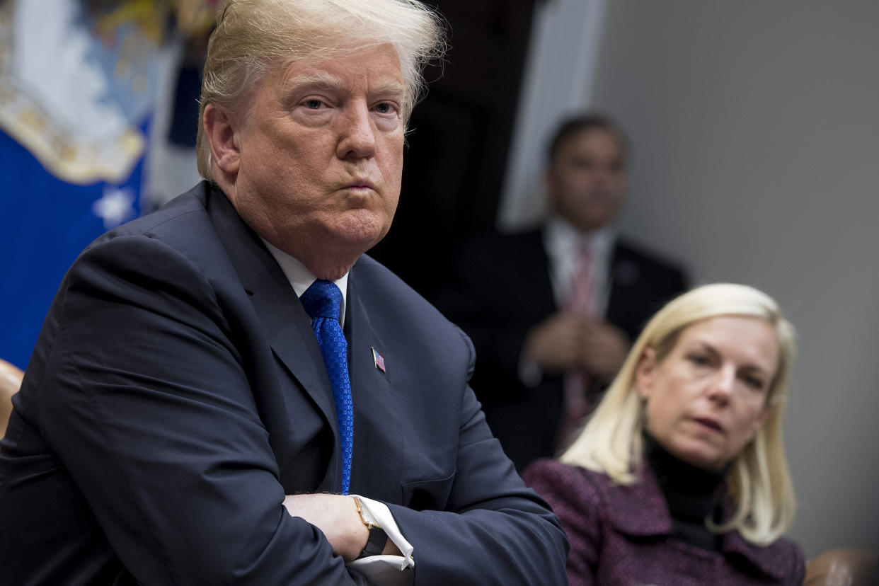 President Donald Trump derided California Gov. Jerry Brown (D) on Thursday after Department of Homeland Security Secretary Kirstjen Nielsen (right) had thanked Brown for agreeing to deploy National Guard troops to the state's border with Mexico. (Photo: Jim Watson/AFP/Getty Images)