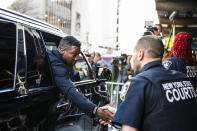 Actor Jonathan Majors shakes hands with court police officers after leaving Criminal Court after his sentencing on Monday, April 8, 2024 in New York. (AP Photo/Brittainy Newman)