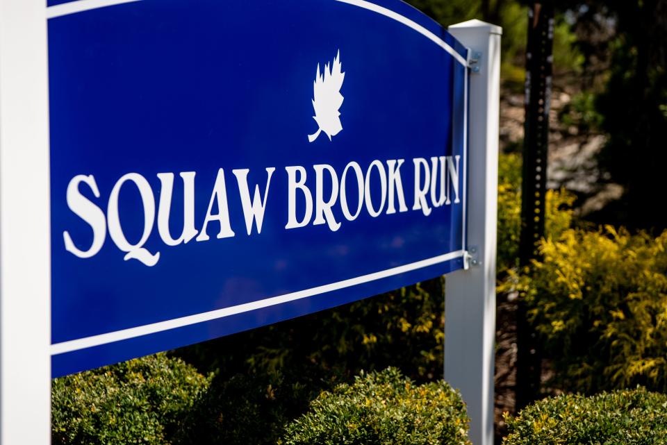 Sign at the entrance to Squaw Brook Run, a complex of town houses at the intersection of Hunter Road North and Squaw Brook Road in North Haledon.