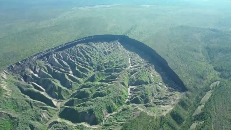 Drone footage of permafrost crater thawing in Russia's Far East as planet warms