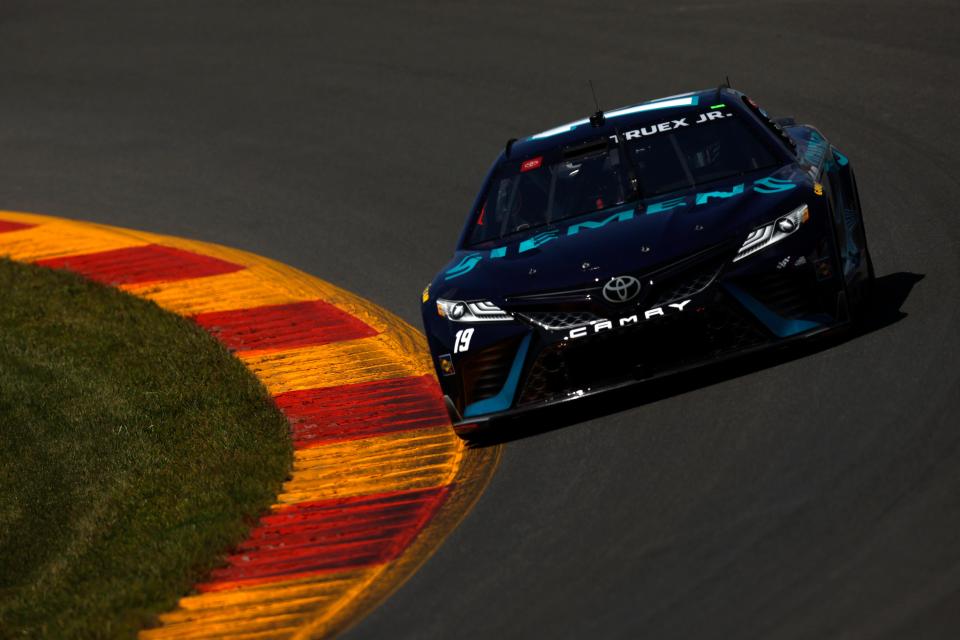 Martin Truex Jr., driver of the No. 19 Siemens Toyota, drives during practice for the NASCAR Cup Series Go Bowling at The Glen at The Glen at Watkins Glen International on August 19, 2023 in Watkins Glen, New York.