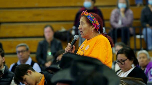 PHOTO: Ruby Left Hand Bull Sanchez speaks at a listening session hosted by Interior Secretary Deb Haaland. (ABC News)