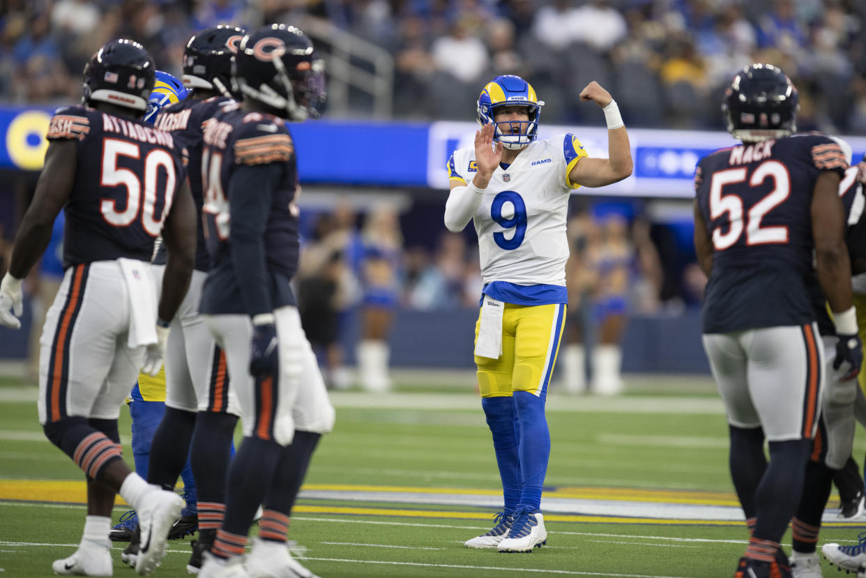 Los Angeles Rams quarterback Matthew Stafford (9) yells instructions to his teammates during an NFL football game against the Chicago Bears Sunday, Sept. 12, 2021, in Inglewood, Calif. (AP Photo/Kyusung Gong)