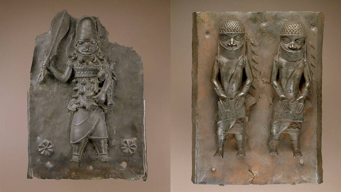 Left: A man standing with an eben, a ceremonial leaf-blade sword, and wearing a leopard’s teeth collar. Right: Two figures holding leopard-pattern boxes.