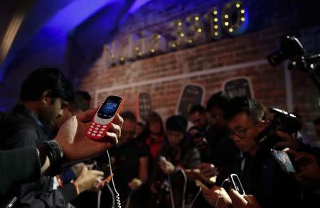 A Nokia 3310 device is displayed after its presentation ceremony at Mobile World Congress in Barcelona, Spain, February 26, 2017. REUTERS/Paul Hanna