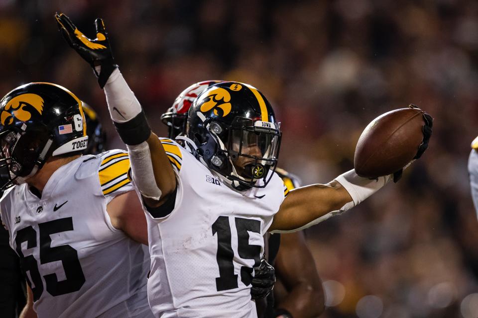 Iowa running back Tyler Goodson celebrates after a play against the Maryland Terrapins.