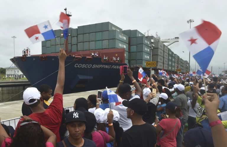 Chinese-chartered merchant ship Cosco Shipping Panama crosses the new Agua Clara Locks during the inauguration of the expansion of the Panama Canal