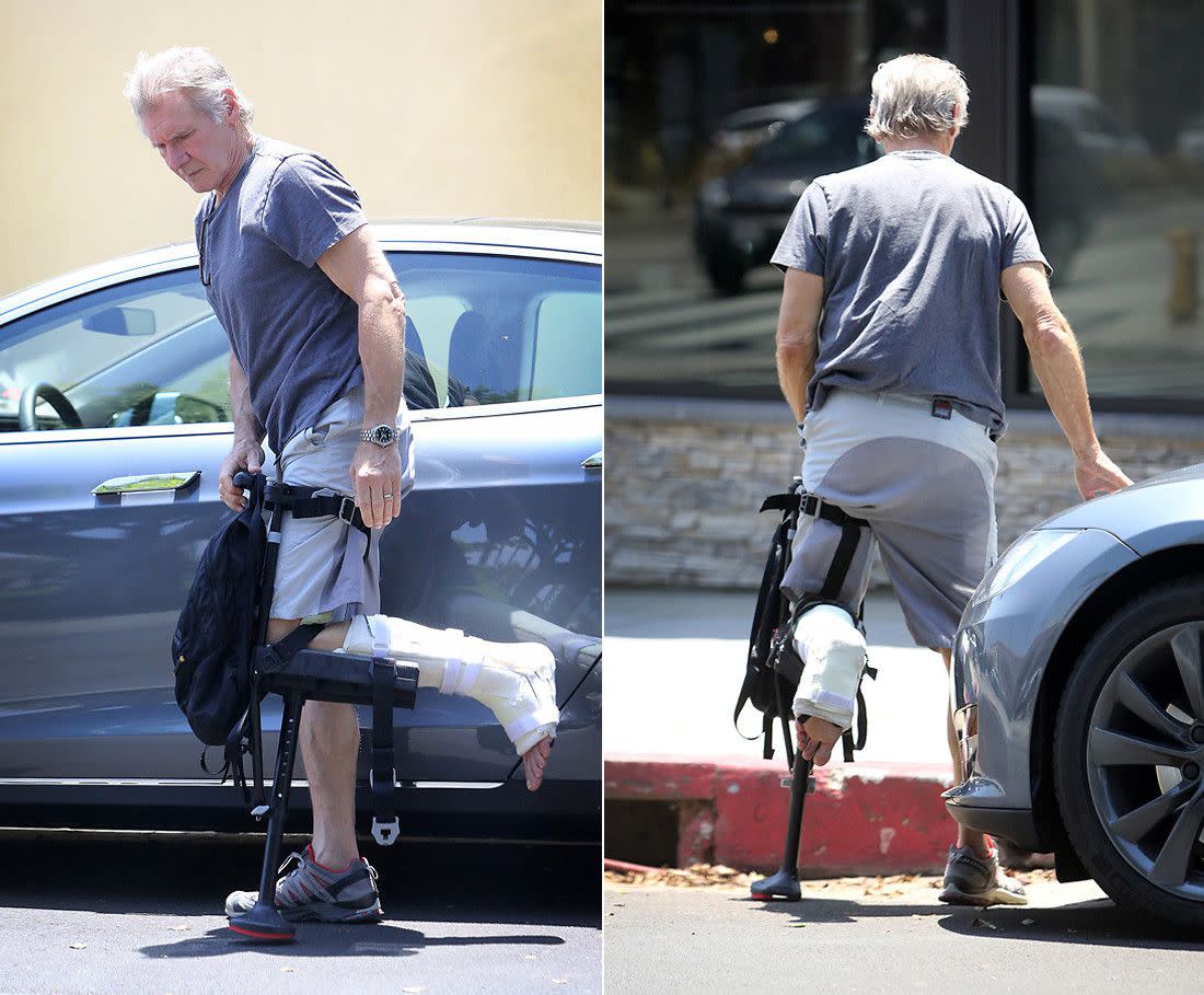A broken leg can't keep Harrison Ford from getting around town! The actor was spotted heading to lunch in Los Angeles sporting a cast and an elaborate leg support. Ford broke his leg while filming "Star Wars: Episode VII." The injury will cause production to be suspended for two weeks while Ford is healing.