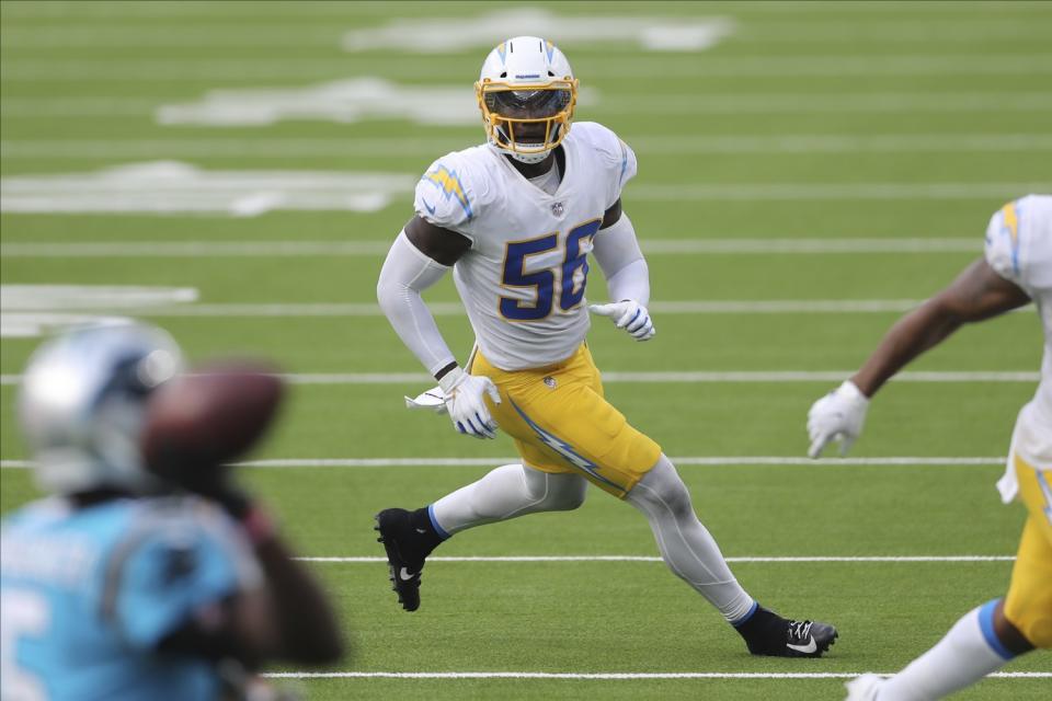 Chargers linebacker Kenneth Murray eyes Carolina Panthers quarterback Teddy Bridgewater on Sept. 27 at SoFi Stadium.