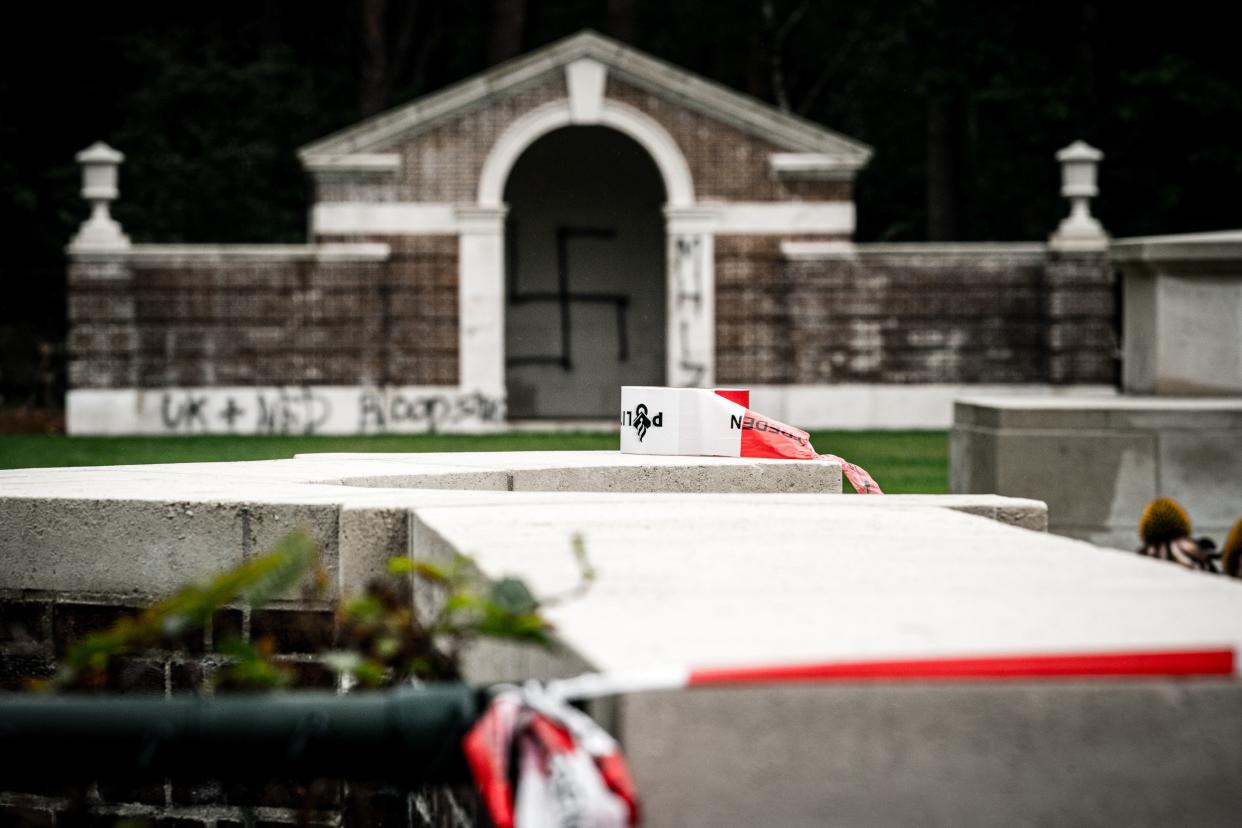 A picture taken on September 13, 2019 shows a large swastika was daubed on the inner wall of the chapel in the British World War II Commonwealth Graves cemetery in Mierlo, east of Eindhoven, Netherlands, on September 13, 2019. (Photo by Rob Engelaar / ANP / AFP) / Netherlands OUT        (Photo credit should read ROB ENGELAAR/AFP/Getty Images)