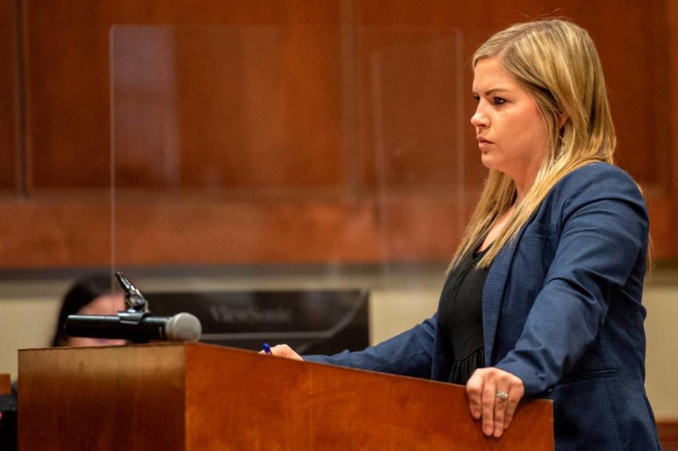 Michelle Elliot asks the witness questions during a preliminary hearing for a murder case at Harrison County Justice Court in Gulfport on Wednesday, Jan. 19, 2022.