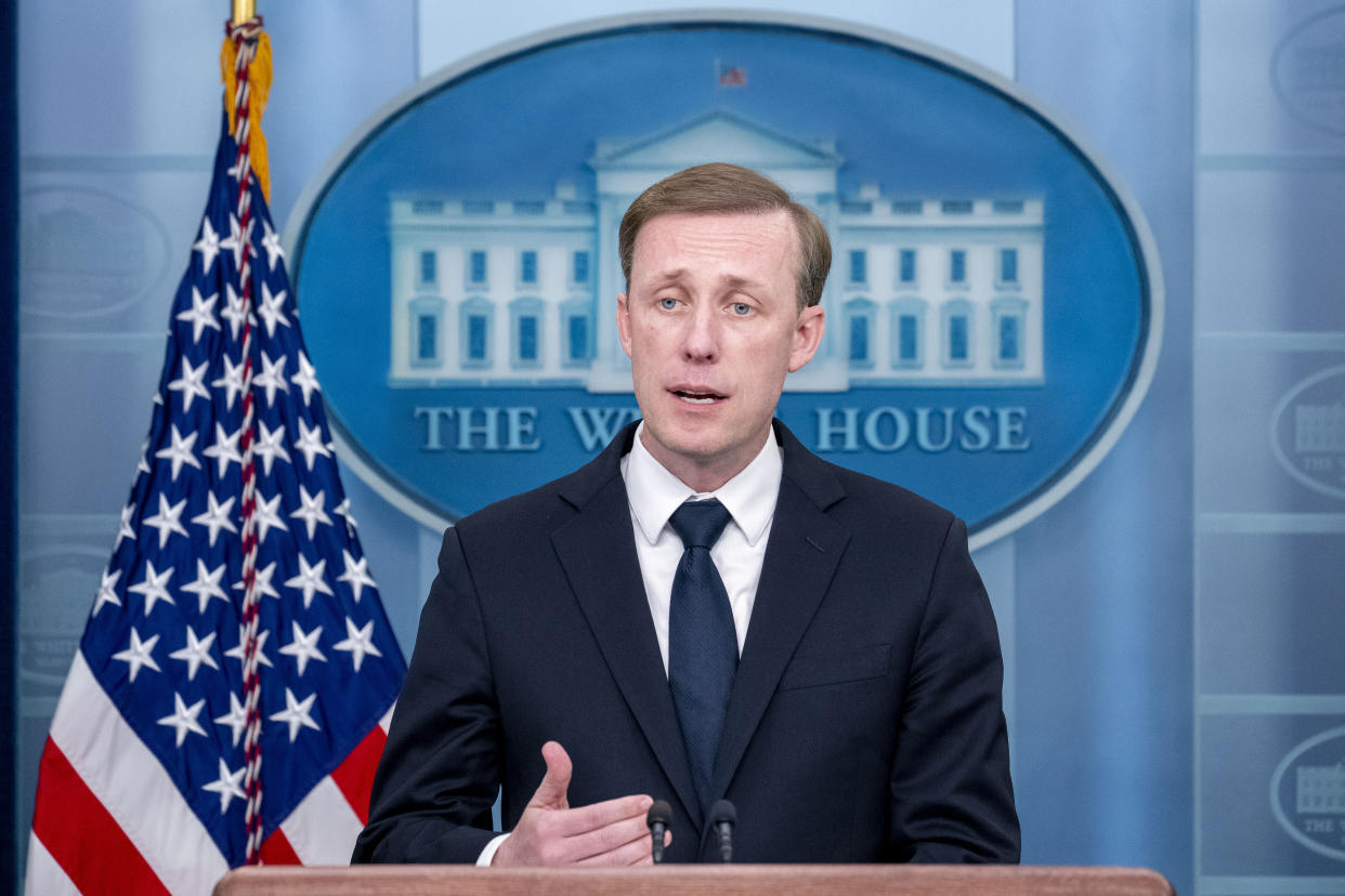 White House national security adviser Jake Sullivan speaks at a press briefing at the White House in Washington, Monday, April 24, 2023. (AP Photo/Andrew Harnik)