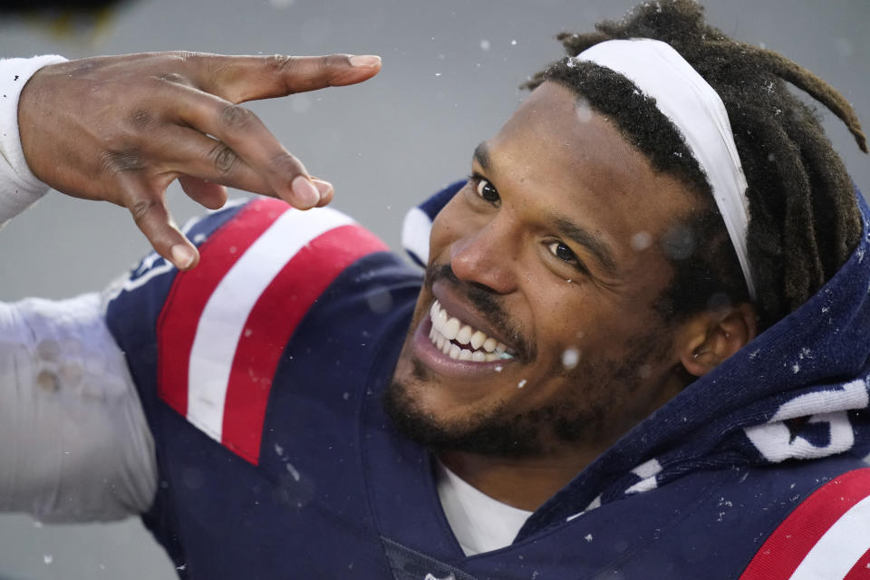 FILE - In this Jan. 3, 2021, file photo, New England Patriots quarterback Cam Newton leaves the field after an NFL football game against the New York Jets in Foxborough, Mass. The New England Patriots are completing an agreement to re-sign free-agent quarterback Cam Newton, a person with knowledge of the negotiations told The Associated Press, Friday, March 12, 2021. (AP Photo/Elise Amendola, File)