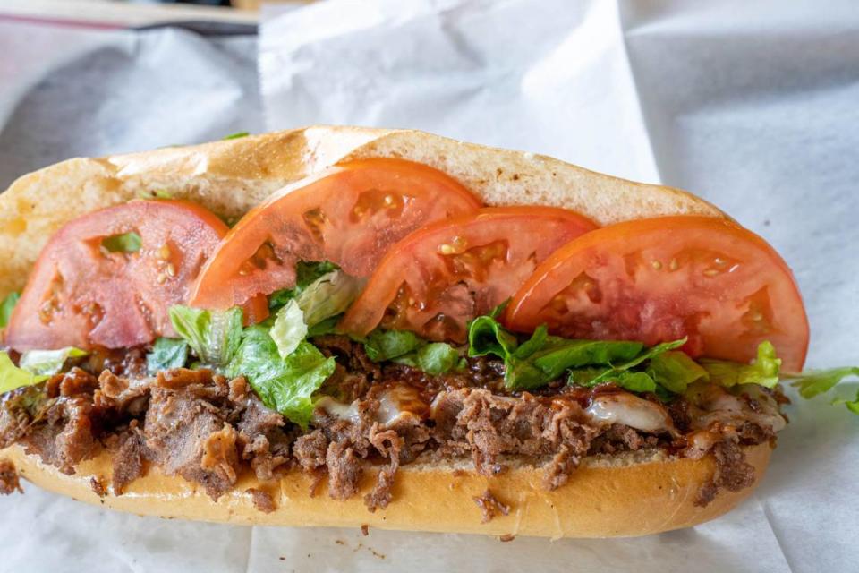 The New Jersey Steak hoagie at Sub One Hoagie House has steak, cheese, onions, lettuce, tomato, oil and vinegar and special sauce.
