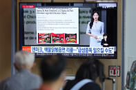 A TV screen shows a report about Denmark's recalling three types of spicy instant noodle products imported from South Korea, during a news program at the Seoul Railway Station in Seoul, South Korea, Thursday, June 13, 2024. Food authorities in Denmark have recalled three types of spicy instant noodle products imported from South Korea over possible risks for "acute poisoning." Consumers are asked to discard them or return the noodles to the retailer. (AP Photo/Lee Jin-man)
