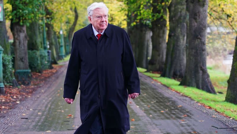 President M. Russell Ballard, acting president of the Quorum of the Twelve Apostles of The Church of Jesus Christ of Latter-day Saints, walks next to the River Ribble in England on Wednesday, Oct. 27, 2021. 