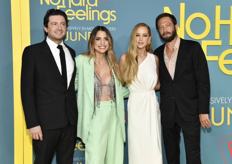 Director Gene Stupnitsky, from left, Natalie Morales, Jennifer Lawrence and Ebon Moss-Bachrach attend the premiere for "No Hard Feelings" at AMC Lincoln Square on Tuesday, June 20, 2023, in New York. (Photo by Evan Agostini/Invision/AP)