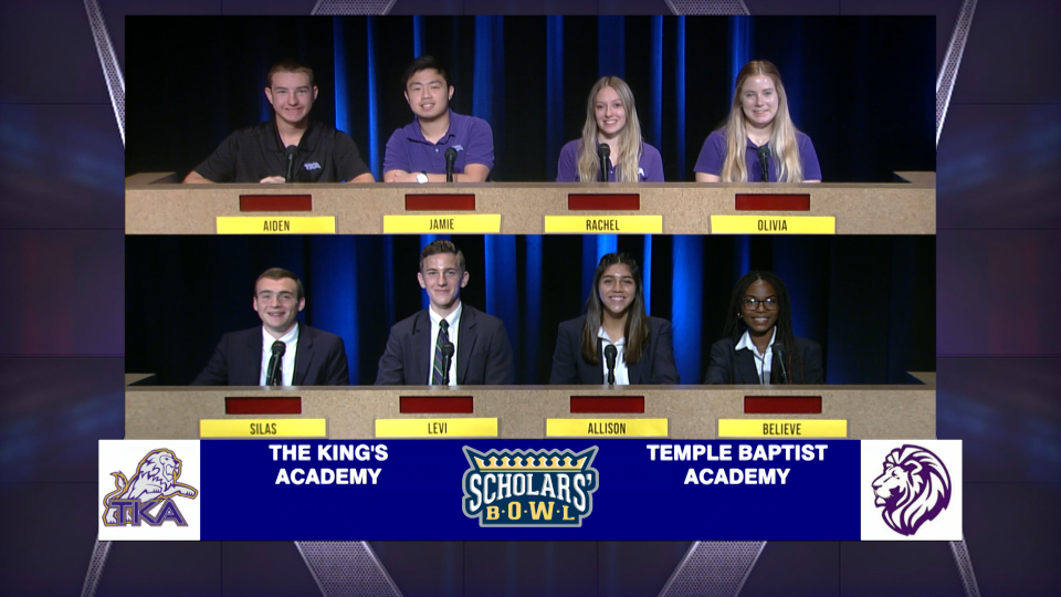 King’s Academy’s Aiden Stephenson, Jamie Guo, team captain Rachel Rines and Olivia Reagan compete against Temple Baptist Academy’s Silas Umstead, team captain Levi Gerbitz, Allison Manci and Believe Iradukunda in the 2022 ETPBS Scholars’ Bowl, airing through March on ETPBS. October, 2021.