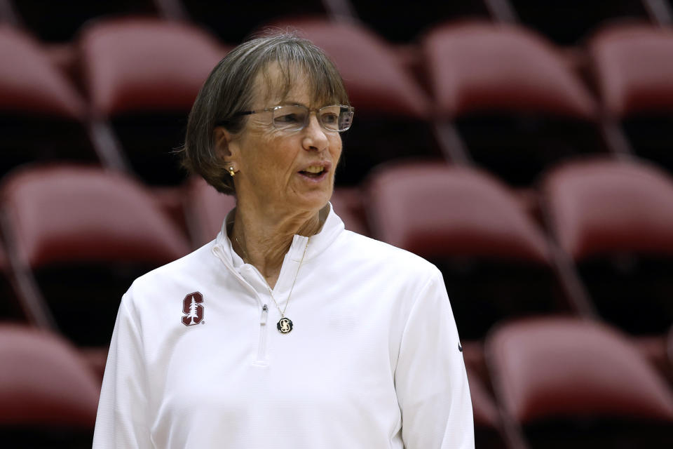 Stanford head coach Tara VanDerveer looks on before an NCAA college basketball game against Southern California on Friday, Feb. 2, 2024 in Stanford, Calif. (AP Photo/Josie Lepe)