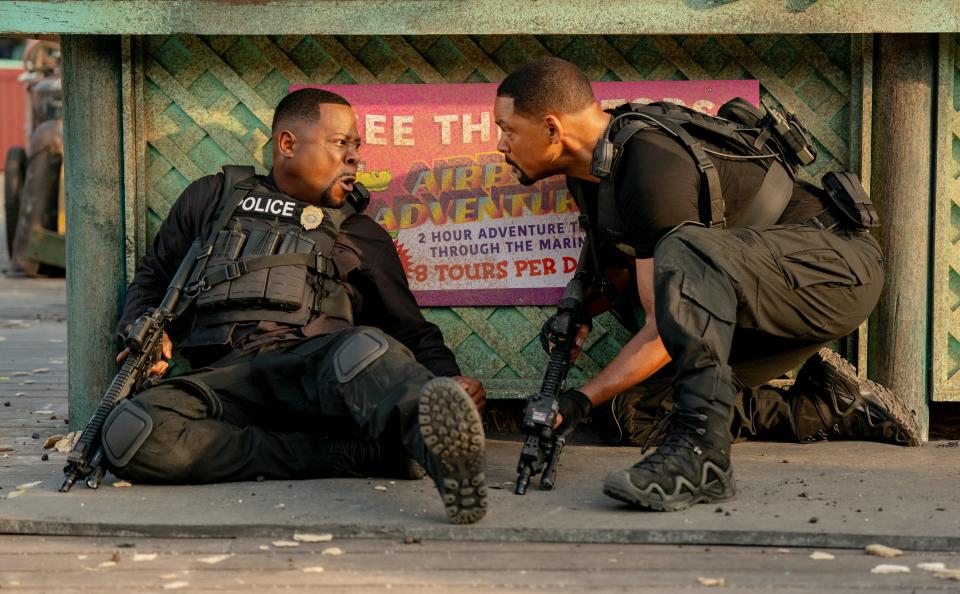 Miami cops Marcus (Martin Lawrence, left) and Mike (Will Smith) look after each other's mental well-being, even in the middle of a firefight, in "Bad Boys: Ride or Die."