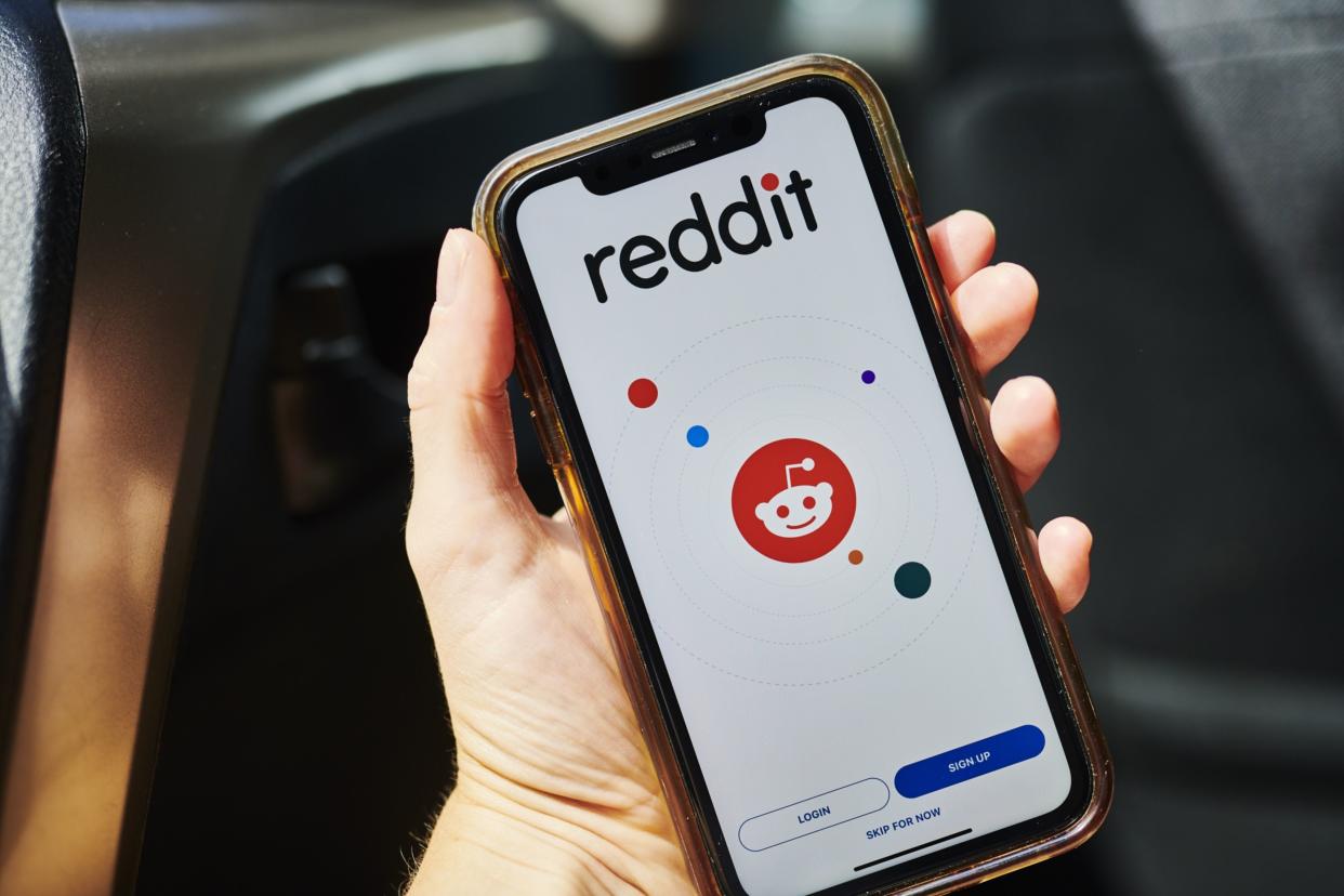 Reddit Inc. signage is displayed on a smartphone in an arranged photograph taken in the Brooklyn borough of New York, U.S., on Tuesday, June 30, 2020.  