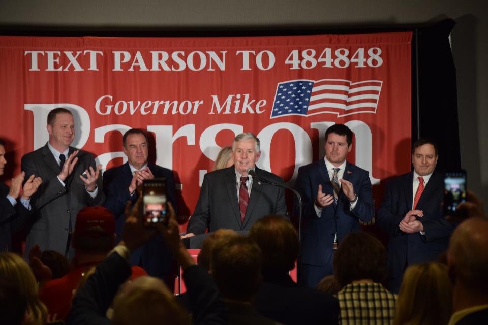 Gov. Mike Parson, center, stands with the other four GOP statewide elected officials at a rally on Friday, Feb. 21, 2020 at University Plaza Hotel. From left: Attorney General Eric Schmitt, Lt. Gov. Mike Kehoe, Treasurer Scott Fitzpatrick and Secretary of State Jay Ashcroft.