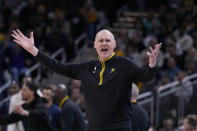 Indiana Pacers head coach Rick Carlisle questions a call during the second half of an NBA basketball game against the Milwaukee Bucks in Indianapolis, Wednesday, March 29, 2023. (AP Photo/Michael Conroy)