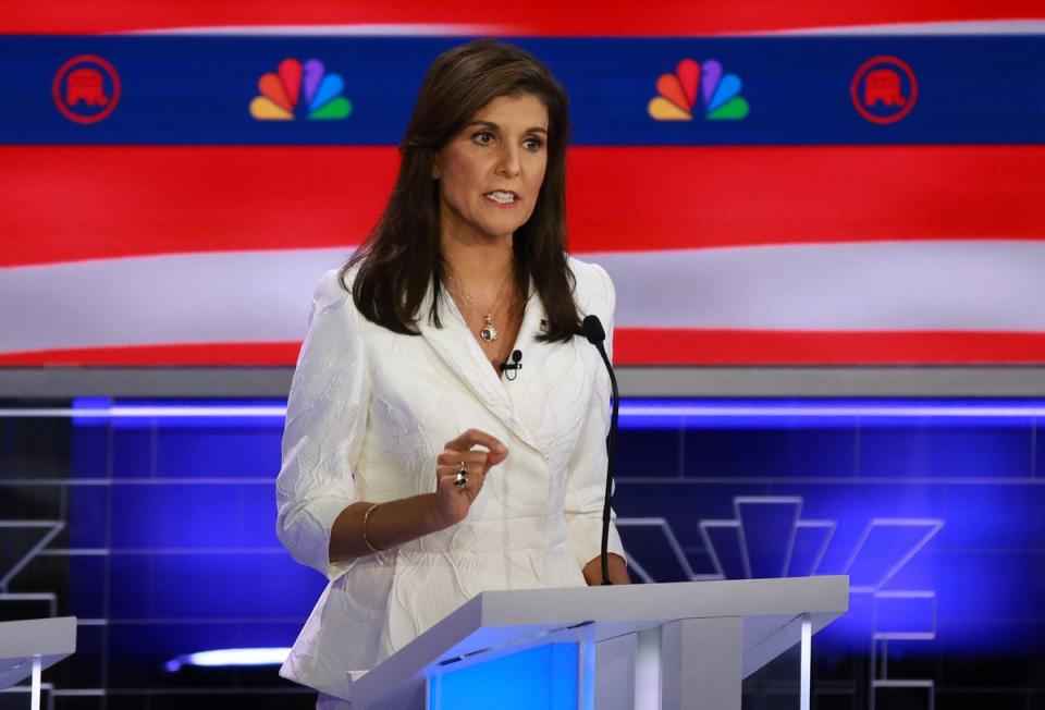 Republican presidential candidate former U.N. Ambassador Nikki Haley speaks during the NBC News Republican Presidential Primary Debate at the Adrienne Arsht Center for the Performing Arts of Miami-Dade County on November 8, 2023 (Getty Images)
