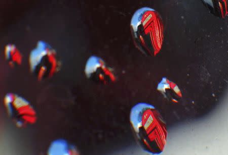 Telephone boxes are reflected in raindrops in central London November 11, 2010. REUTERS/Toby Melville/File Photo